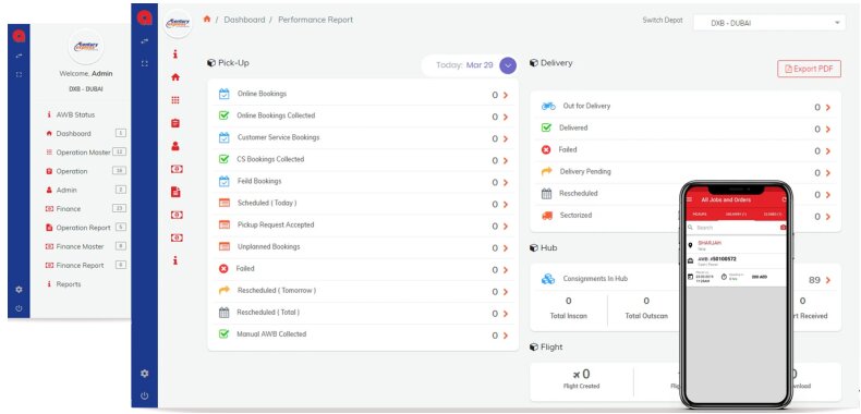 Courier management software dashboard showing pick-up, delivery and hub status for Dubai