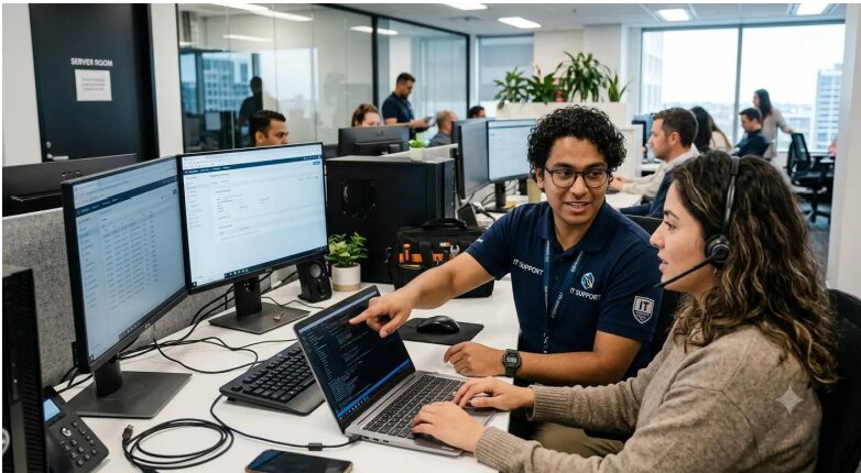 IT support engineers working on logistics software systems in a Dubai office